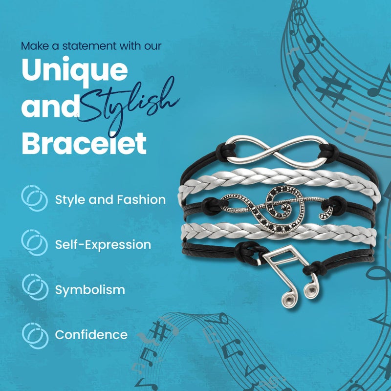 Infinity Collection Music Charm Bracelet - Black and Silver Adjustable Bracelet with Treble Clef and Music Note Charms, Jewelry for Women, Teens, and Musicians - Image 2